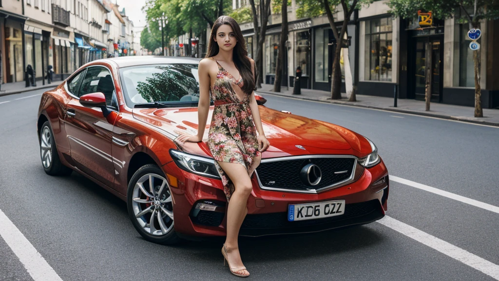 A sexy European beauty,20 years old,Exquisite facial features,Correct human body structure,Deep eyes,Beautiful face,Coordinated facial features,Good anatomy,Sexy and mature,Wearing a long floral dress,Slender legs,Elegant posture,Standing next to a car,prosperous city