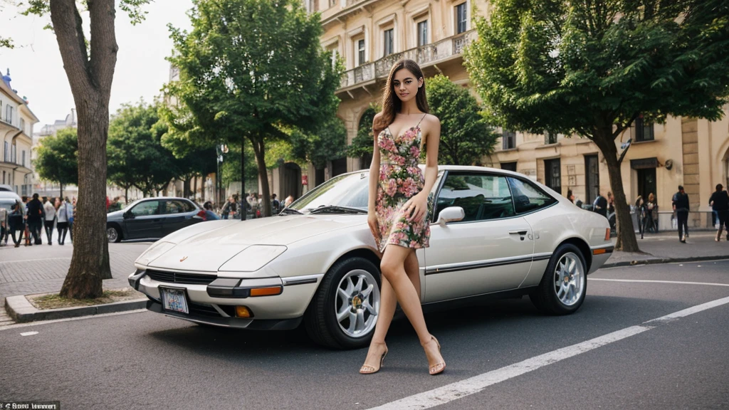 A sexy European beauty，20 years old，Exquisite facial features，Correct human body structure，Deep eyes，Beautiful face，Coordinated facial features，Good anatomy，Sexy and mature，Wearing a long floral dress，Slender legs，Elegant posture，Standing next to a car，prosperous city
