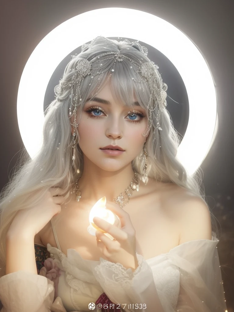 (masterpiece, top quality, best quality, official art, beautiful and aesthetic:1.2), (1girl:1.3), wavy long hair, light purple hair, extremely detailed, portrait, looking at viewer, solo, (full body:0.6), detailed background, close up, blue eyes, (cold arctic winter theme:1.1), fortune teller, charlatan, smirk, mysterious, sitting at table, colorful shoulderless loose gypsy fortune teller clothes, chalice, tarot cards, crystal ball, medieval (tent interior:1.1) background, tent curtains in background, dark mysterious lighting, shadows, magical atmosphere, starry night,, dutch angle