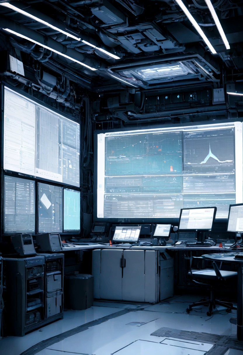 pure white room,Detailed environment,Monitor everywhere with data dashboards, masterpiece, 8K, High resolution,large screen,