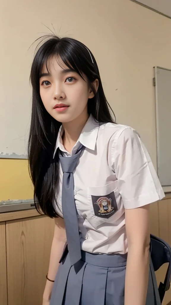 RAW, Best quality, high resolution, work: 1.3), Young girl, Hinata hyuga is shown realistically, beautiful, poses facing the audience's camera, shows perfect facial details, cute seductive expression, in the classroom, ((high school clothes)), ??????, high resolution, 4k, HDR, 1girl, photorealistic, realistic, big tits, ((half body)) face towards viewer, close up, classroom,(pp clothes), (realistic),Hinata hyug, wearing a white Indonesian high school shirt, with a short gray skirt, wearing an Indonesian school tie, portrait of a cute school girl model, half body portrait, begroun in a school classroom, explain the details , beautiful face, blonde hair color, glowing white face, hijab colored pupils, teenager, body standing straight, situation pose in class, looking at the audience, RAW, Best quality, high resolution, work: 1.3), Young girl, displayed realistically, beautiful, posing facing the audience's camera, showing perfect facial details, friendly expression with a thin smile, in class, ((Indonesian middle school high school clothes)), clear short photo, high resolution, 4k, HDR, DSLR, 1girl , photorealistic, realistic, big breasts, ((half body)) facing towards the viewer, close up, classroom,anime characters, to real life, turn anime pictures into realistic photos. Get high-quality, photorealistic results from a truly detailed perspective. Perfect portrait, realistic, high quality, super detailed display, HDR, 8k