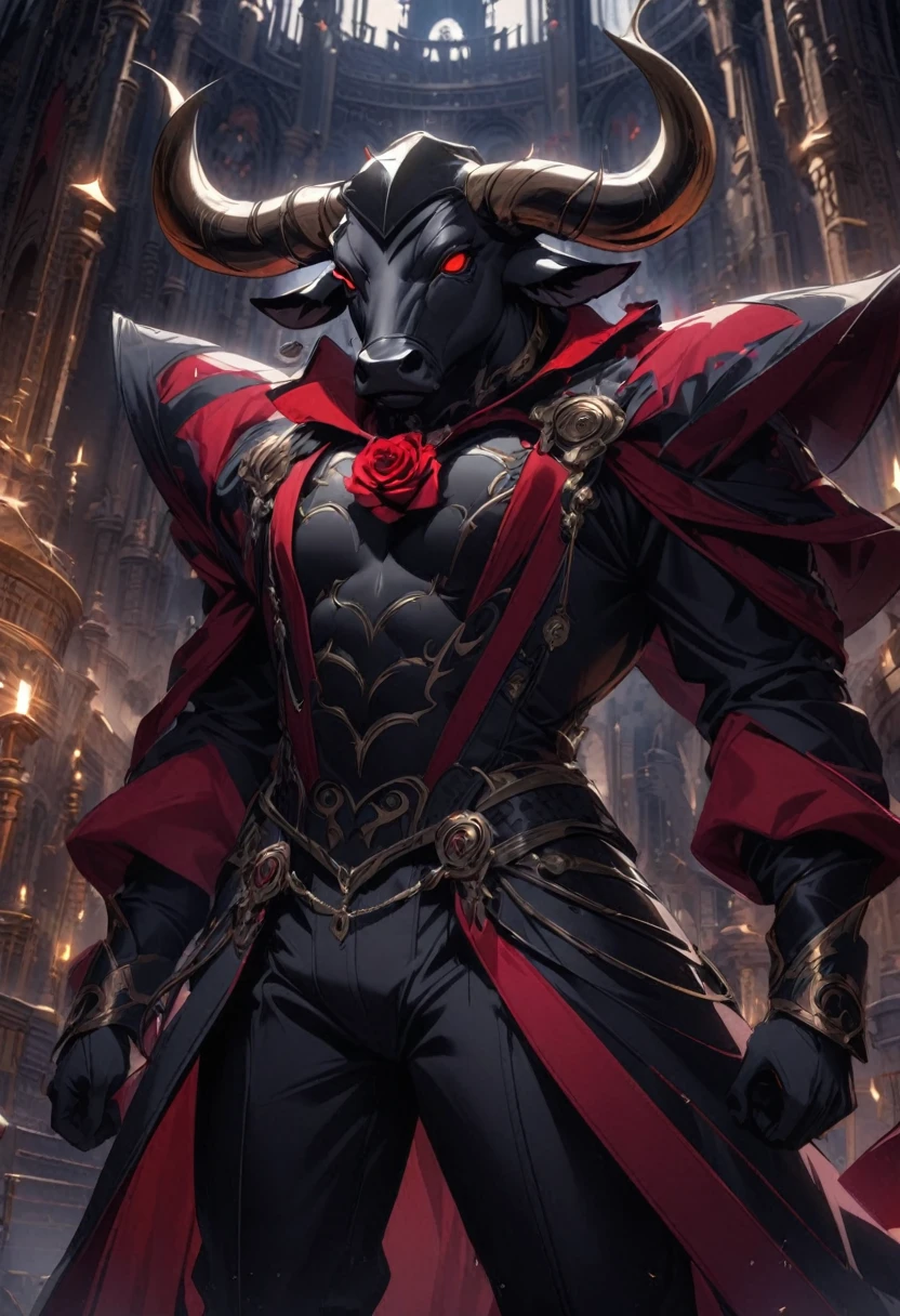 A cinematic and surreal scene featuring a unique black bull adorned in an elegant matador suit, complete with a red rose fastened to its chest. The bull's eyes are filled with determination and pride. The background features a dimly lit, grand arena with ornate architecture and flickering torches. The overall atmosphere is mysterious and dramatic, with a sense of the extraordinary.