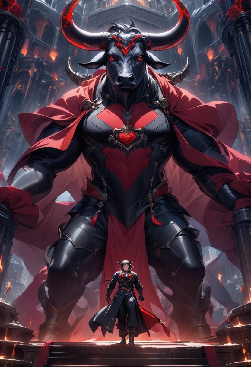 A cinematic and surreal scene featuring a unique black bull adorned in an elegant matador suit, complete with a red rose fastened to its chest. The bull's eyes are filled with determination and pride. The background features a dimly lit, grand arena with ornate architecture and flickering torches. The overall atmosphere is mysterious and dramatic, with a sense of the extraordinary.