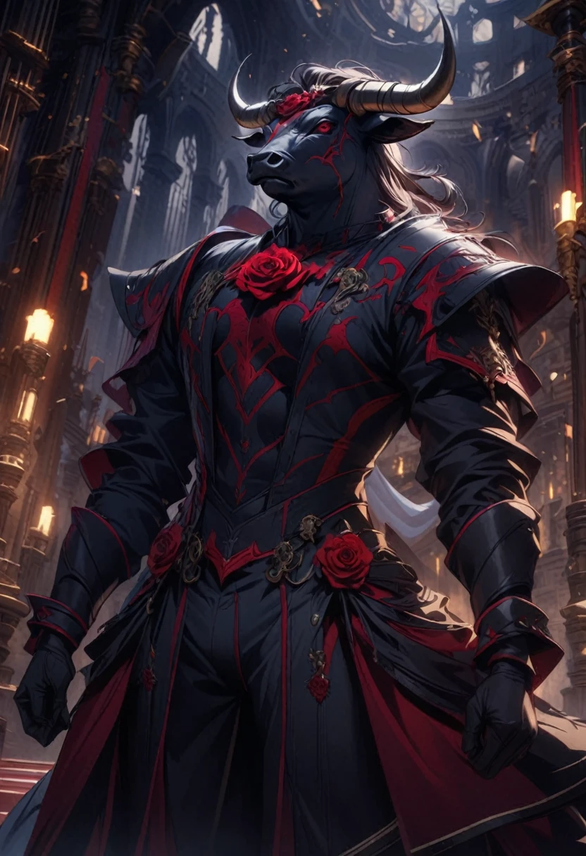 A cinematic and surreal scene featuring a unique black bull adorned in an elegant matador suit, complete with a red rose fastened to its chest. The bull's eyes are filled with determination and pride. The background features a dimly lit, grand arena with ornate architecture and flickering torches. The overall atmosphere is mysterious and dramatic, with a sense of the extraordinary.