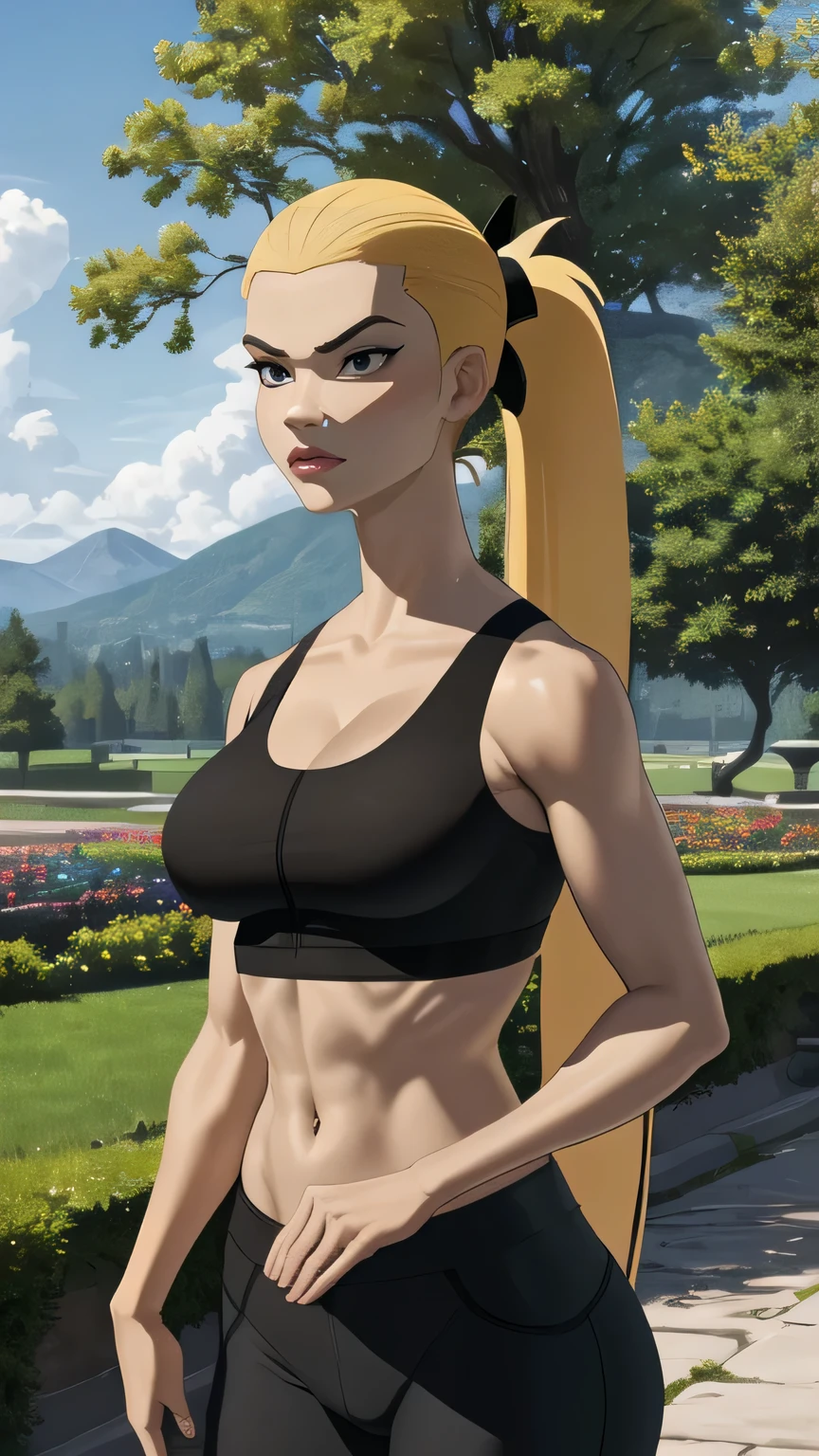 (cowboy shot), (masterpiece, best_quality, ultra-detailed, immaculate:1.3), epic, illustration,
BREAK
ArtemisYJ, ponytail,super long hair,
(Black sports bra),leggings,(nike),medium breast 
BREAK
(courtyard, garden, outdoors, gorgeous view)