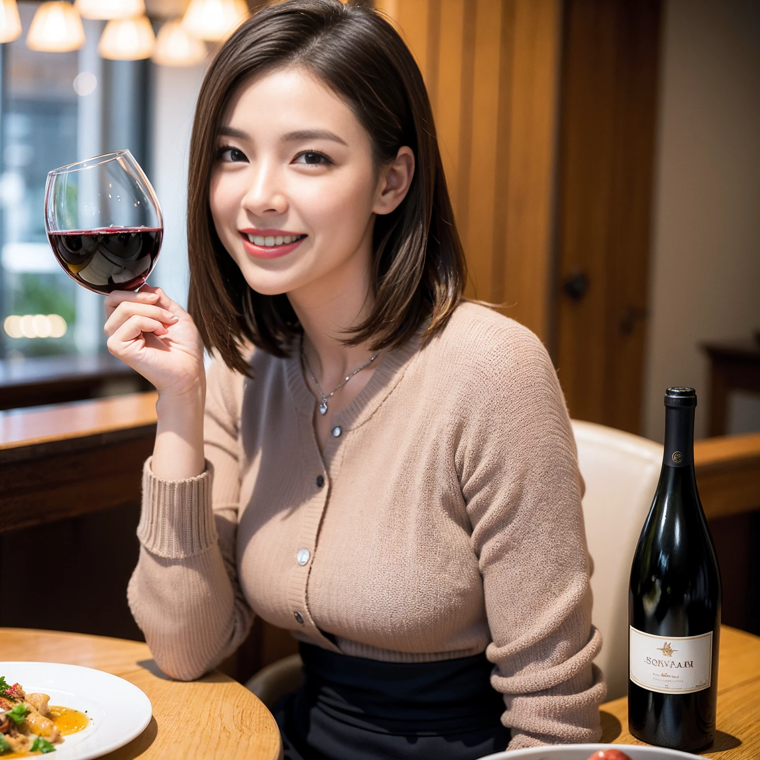 ((Highest quality、8K、masterpiece:1.3))、slimカップル、pink、modelカップル、(Realistic, Intricate details:1.2), full-course dinner、Wine Party、Amazing view of the sunset sky and clouds、A bright smile、The wonderfulness of smile、Bright image、The beauty of wine, Beautiful Face, blue eyes, The light shines on your face, Blushing, short hair,Bright Face、 (Age 37), 39 years old, red wine 、Appetizers、Italian food、Wine bottle、Champagne、sparkling wine、Two beauties、Brown Hair、Shortcuts、Long sleeve shirt、dress、Beautiful woman 1, (slimな顔), (The body is slim), (Brown Hair), (Shortcuts), cheeks turn a little red,Attractive beauty、restaurant, In a prominent place (From the waist up) Nova Frog Style, actress, model, Upper Body, White wine, slim, wine glass, 中央に置かれたwine glass, smile, (smile: 1.15), Beautiful fine grain, Depth f/2,saturation, High Contrast, Strong light and shadow,Moist Body:1.5、3D texture、Delicate eyes、Brown Hair、The hair is very shiny、