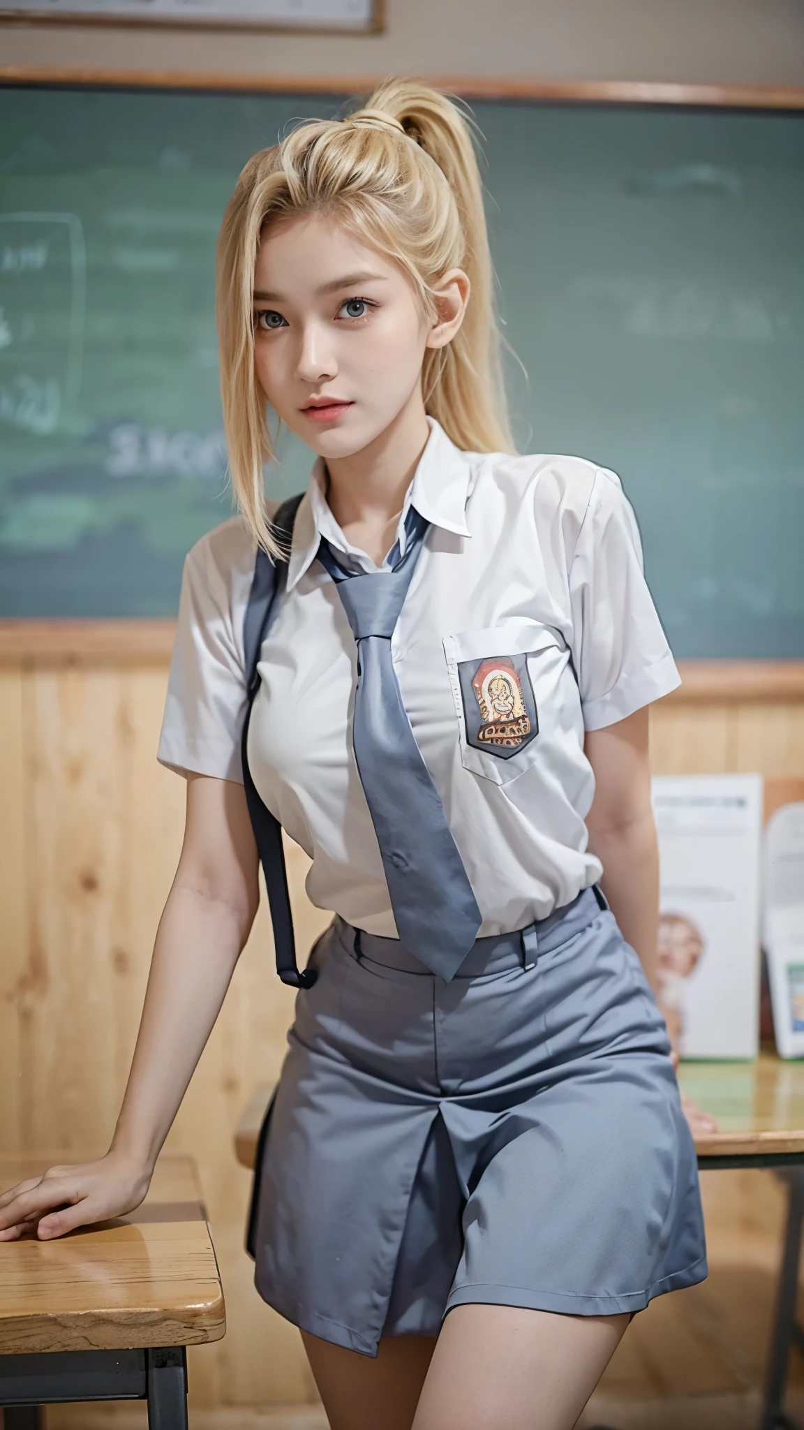 (pp clothes), (realistic), Yamanaka Ino, wearing a white Indonesian high school shirt, with a short gray skirt, wearing an Indonesian school tie, portrait of a cute school girl model, half body portrait, begroun in a school classroom, explain the details , beautiful face, blonde hair color, glowing white face, hijab colored pupils, teenager, body standing straight, situation pose in class, looking at the audience, RAW, Best quality, high resolution, work: 1.3), Young girl, displayed realistically, beautiful, posing facing the audience's camera, showing perfect facial details, friendly expression with a thin smile, in class, ((Indonesian middle school high school clothes)), clear short photo, high resolution, 4k, HDR, DSLR, 1girl , photorealistic, realistic, big breasts, ((half body)) facing towards the viewer, close up, classroom,anime characters, to real life, turn anime pictures into realistic photos. Get high-quality, photorealistic results from a truly detailed perspective. Perfect portrait, realistic, high quality, super detailed display, HDR, 8k