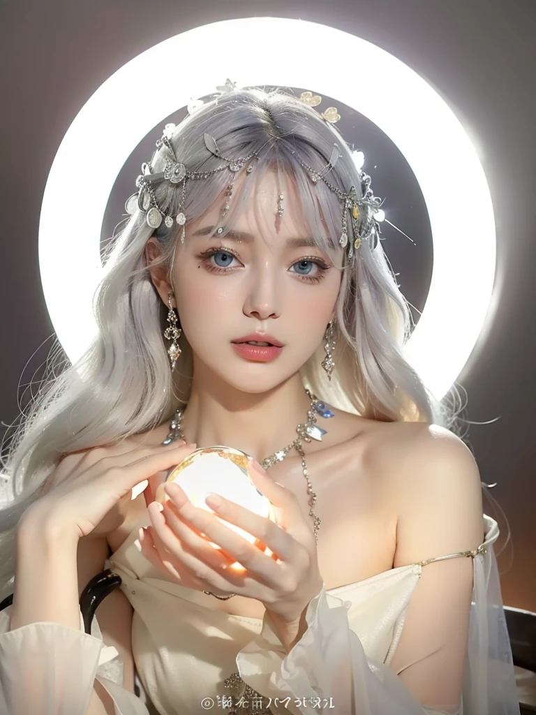 (masterpiece, top quality, best quality, official art, beautiful and aesthetic:1.2), (1girl:1.3), wavy long hair, light purple hair, extremely detailed, portrait, looking at viewer, solo, (full body:0.6), detailed background, close up, blue eyes, (cold arctic winter theme:1.1), fortune teller, charlatan, smirk, mysterious, sitting at table, colorful shoulderless loose gypsy fortune teller clothes, chalice, tarot cards, crystal ball, medieval (tent interior:1.1) background, tent curtains in background, dark mysterious lighting, shadows, magical atmosphere, starry night,, dutch angle