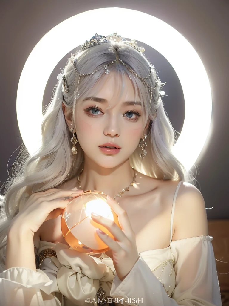 (masterpiece, top quality, best quality, official art, beautiful and aesthetic:1.2), (1girl:1.3), wavy long hair, light purple hair, extremely detailed, portrait, looking at viewer, solo, (full body:0.6), detailed background, close up, blue eyes, (cold arctic winter theme:1.1), fortune teller, charlatan, smirk, mysterious, sitting at table, colorful shoulderless loose gypsy fortune teller clothes,      chalice,   tarot cards, crystal ball,  medieval (tent interior:1.1) background, tent curtains in background, dark mysterious lighting, shadows, magical atmosphere, starry night,, dutch angle