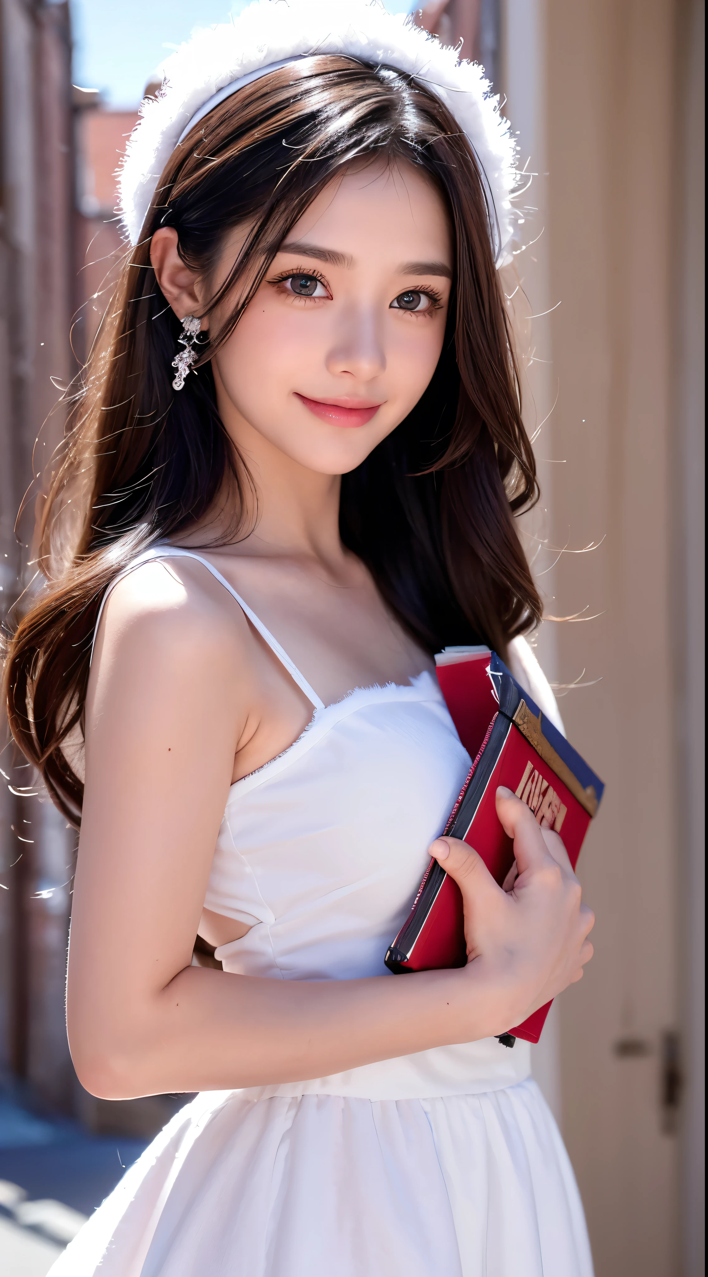 with high definition imageasterpiece、Highest quality:1.2),1 girl、Upper Body、tail、Big tail、Long chestnut hair、Wavy Hair、greyの目、Detailed eyeulticolored Hair、Circlet、Beaded Necklaces、White Cape、Red dress、grey、snow、Volumetric lighting、Cinematic lighting、Chiaroscuro、