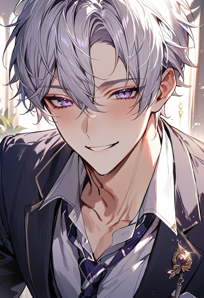 1 male, Highest quality，masterpiece，High resolution，Adult male, (Disheveled pearly silver hair), Dusty lilac eyes，elegant features, Academy uniform，Black trousers, Gorgeous Accessories，Coquettish，kind, Fascinating, Background is the Academy，Humanity，smile, Facial portrait