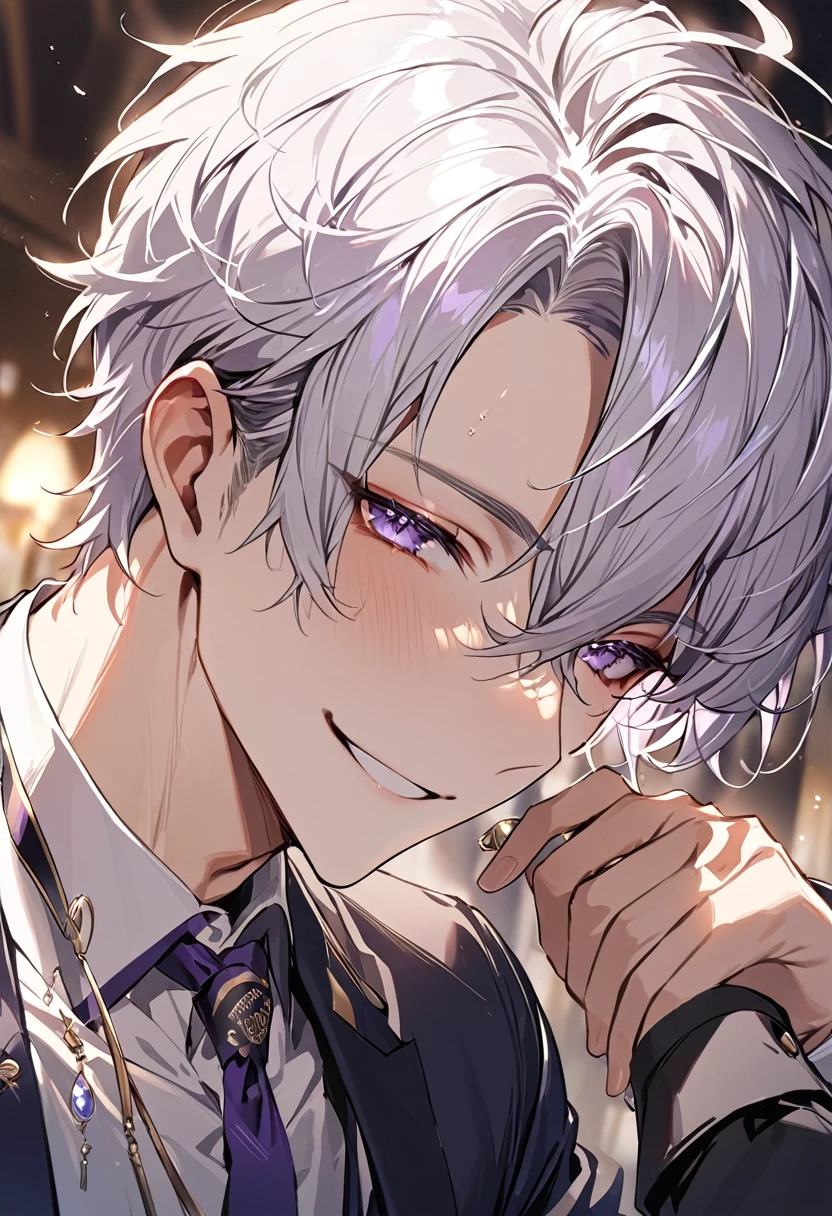1 male, Highest quality，masterpiece，High resolution，Adult male, (Disheveled pearly silver hair), Dusty lilac eyes，elegant features, Academy uniform，Black trousers, Gorgeous Accessories，Coquettish，kind, Fascinating, Background is the Academy，Humanity，smile, Facial portrait
