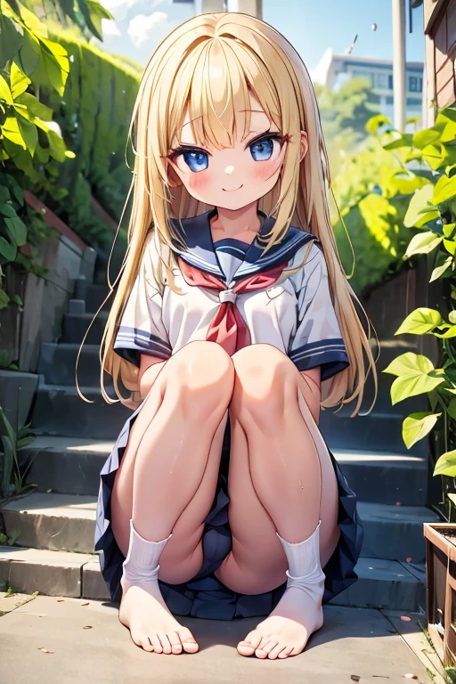 One person!!、Baby Face、、smile、Innocent face、human、6 year old girl、Long Hair、Blonde!、With bangs、small、1st grade elementary school students、Big eyes、barefoot、black eye、cute、Are thin、凄くsmall胸、身長のsmall、体のsmall、Short legs、、With legs apart、School、Schoolの制服、Short sleeve、Bare Skin