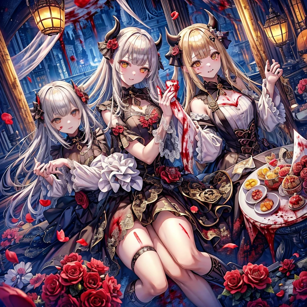 Delicate features,disaster々new devil horns,Frowning, 狂気の笑face, 最上級の笑face, Eyelids very wide open, Crazy Smile, mouth very wide open, Mouth open and teeth bared, wide lips, Very wide mouth, Frowning, Vermilion-tinted cheeks, Blonde Hair, Princess Cut, Ribbon hair ornament, brooch, Shiny candy blue dress, Gold embroidery,ta Style, Gothic style, Facing the audience, Otaku Room, Well-built body, Nice body, Ample breasts, Fleshy body,With eyes wide open、Scary atmosphere、Distorted facial expressions、ねじれた笑face、Bloody、Bleeding from the head、Blood splatter、whole body、Long Hair、Long bangs、(((Dark circles under the eyes)))、Pale skin、Feeling unwell、Pathological、邪悪な笑face、Crazy Eyes、(Grin)Dramatic makeup,Create mixed media art、Full body depiction on screen,whole body図,Well-built,Nice body,Shoulders wider,focus on,(face),Messy Hair,Yellow Eyes,(Glowing Eyes),(Blood splatter:1.6),Red light,笑face,big 笑face,tooth,psycho 笑face,gesugao,Dark city background,darkness,night,(close),Good Eyes, good teeth,サディスティックな笑face,,all,Shiny skin,詳細なface,Beautiful body,アwhole body油まみれで光沢感がある whole bodyから湯気が出ている Steam like a sauna room fills the entire screen. White breath from the mouth