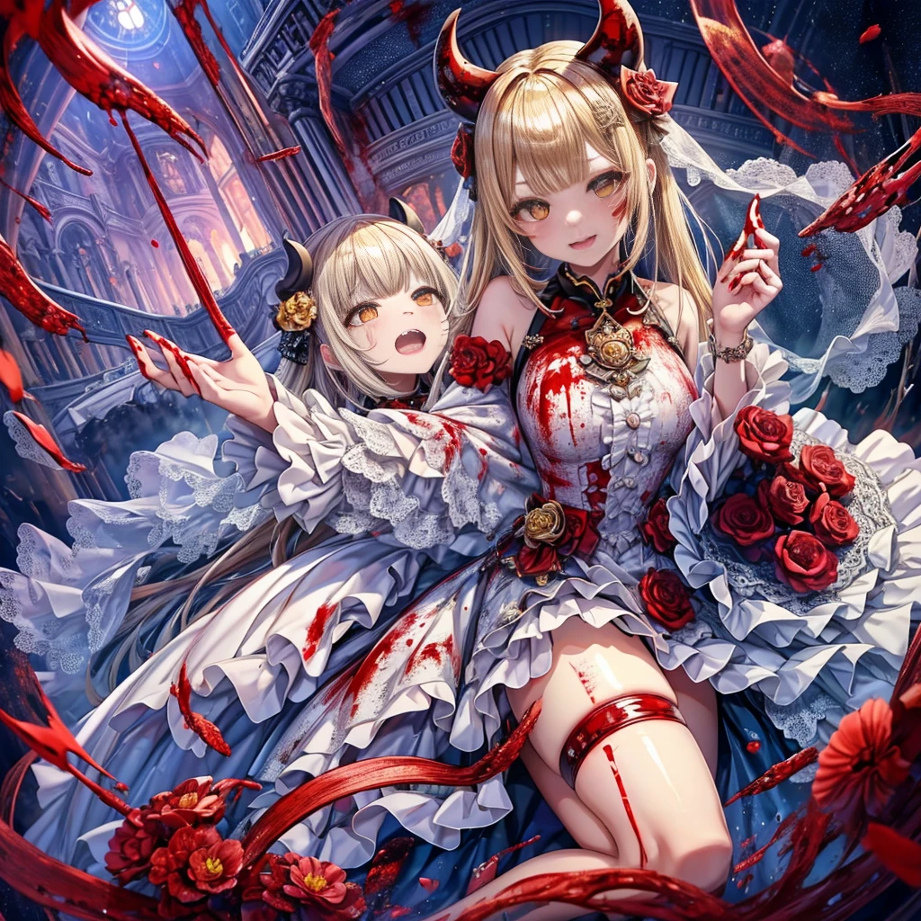 Delicate features,disaster々new devil horns,Frowning, 狂気の笑face, 最上級の笑face, Eyelids very wide open, Crazy Smile, mouth very wide open, Mouth open and teeth bared, wide lips, Very wide mouth, Frowning, Vermilion-tinted cheeks, Blonde Hair, Princess Cut, Ribbon hair ornament, brooch, Shiny candy blue dress, Gold embroidery,Lolita Style, Gothic style, Facing the audience, Otaku Room, Well-built body, Nice body, Ample breasts, Fleshy body,With eyes wide open、Scary atmosphere、Distorted facial expressions、ねじれた笑face、Bloody、Bleeding from the head、Blood splatter、whole body、Long Hair、Long bangs、（（（Dark circles under the eyes）））、Pale skin、Feeling unwell、Pathological、邪悪な笑face、Crazy Eyes、（Grin）Dramatic makeup，Create mixed media art、Full body depiction on screen,whole body図,Well-built,Nice body,Shoulders wider,focus on,(face),Messy Hair,Yellow Eyes,(Glowing Eyes),(Blood splatter:1.6),Red light,笑face,big 笑face,tooth,psycho 笑face,gesugao,Dark city background,darkness,night,(close),Good Eyes, good teeth,サディスティックな笑face,,all,Shiny skin,詳細なface,Beautiful body,アwhole body油まみれで光沢感がある　whole bodyから湯気が出ている　Steam like a sauna room fills the entire screen.　White breath from the mouth