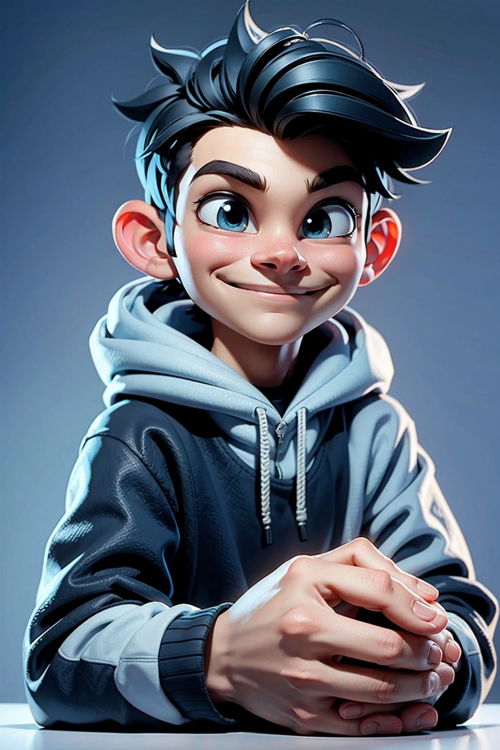 PNg render of a young man sitting at a modern marble desk looking into the camera, the man is wearing a dark hoodie, filmmaker neaon blue background cruffy short black hairn hands on table, clear skin texture, cinematic, warm, soft, lighting, close portrait, smiling, 24MM Lens, F/1.4, Ar 9:16, in the style of a disney pixar character