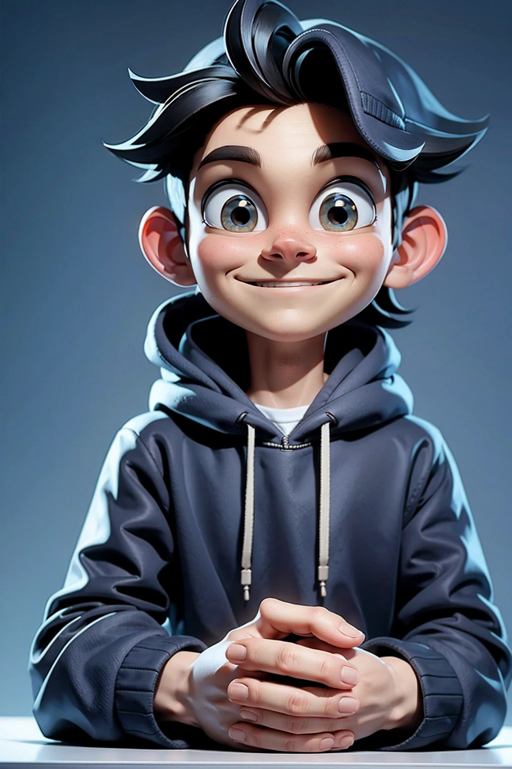 PNg render of a young man sitting at a modern marble desk looking into the camera, the man is wearing a dark hoodie, filmmaker neaon blue background cruffy short black hairn hands on table, clear skin texture, cinematic, warm, soft, lighting, close portrait, smiling, 24MM Lens, F/1.4, Ar 9:16, in the style of a disney pixar character