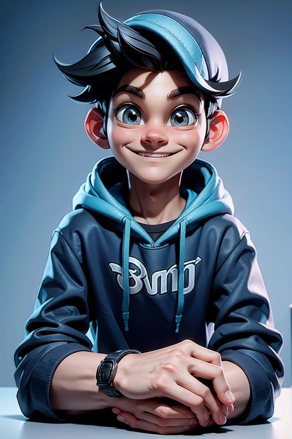 PNg render of a young man sitting at a modern marble desk looking into the camera, the man is wearing a dark hoodie, filmmaker neaon blue background cruffy short black hairn hands on table, clear skin texture, cinematic, warm, soft, lighting, close portrait, smiling, 24MM Lens, F/1.4, Ar 9:16, in the style of a disney pixar character