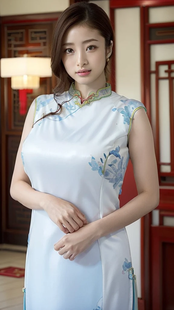 (1girl),Beautifully detailed face, Pale skin, Realistic glistening skin, Detailed cloth texture, Detailed hair texture, Perfect body, Beautiful Face, Accurate, Anatomically correct, Highly detailed face そして skin texture, Natural neck length, (Beautiful Hそしてs), (Fair skin:1.2),Heavy chest,  charm,   Written boundary depth,   (Perfect Anatomy:1.2), Accurate手足, Accentuate your cleavage, Camel Toe:1.21, (Highest quality:1.4), 32k resolution,   High resolution 32k UHD, (masterpiece:1.2), (Improvement of quality:1.4), finely,Very detailed, Symmetrical eyes,  (Wide Hips), (Huge breasts:1.3),  (Aya Ueto),thin、(Cheongsam:1.8),(Chinese style interior:1.3),(Full body photography:1.1)
