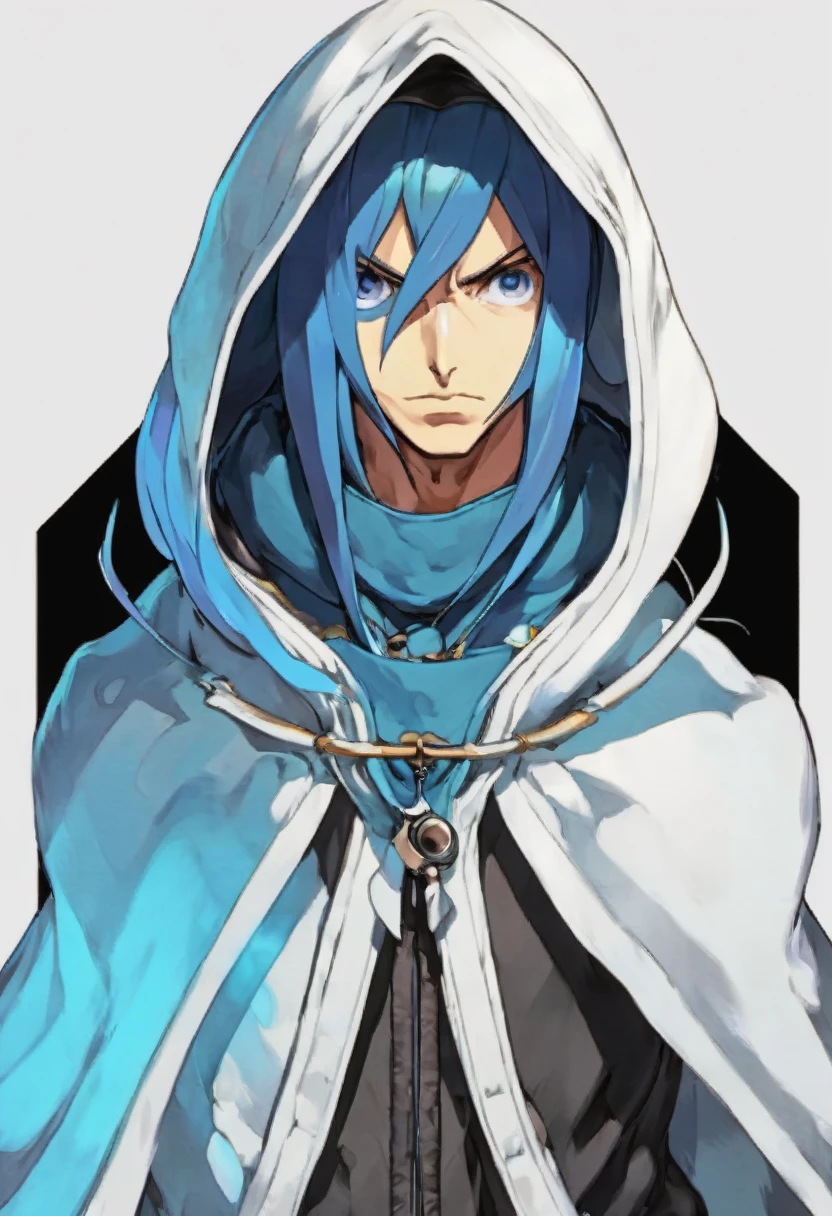 ((((White Background)))),((((Guilty Gear)))),((Master piece)),(((Character portrait))),Blue Hair,semi-long,Hood,(Expressionless),cool,Confused eyes,White eyes,Cape,((Low exposure))
