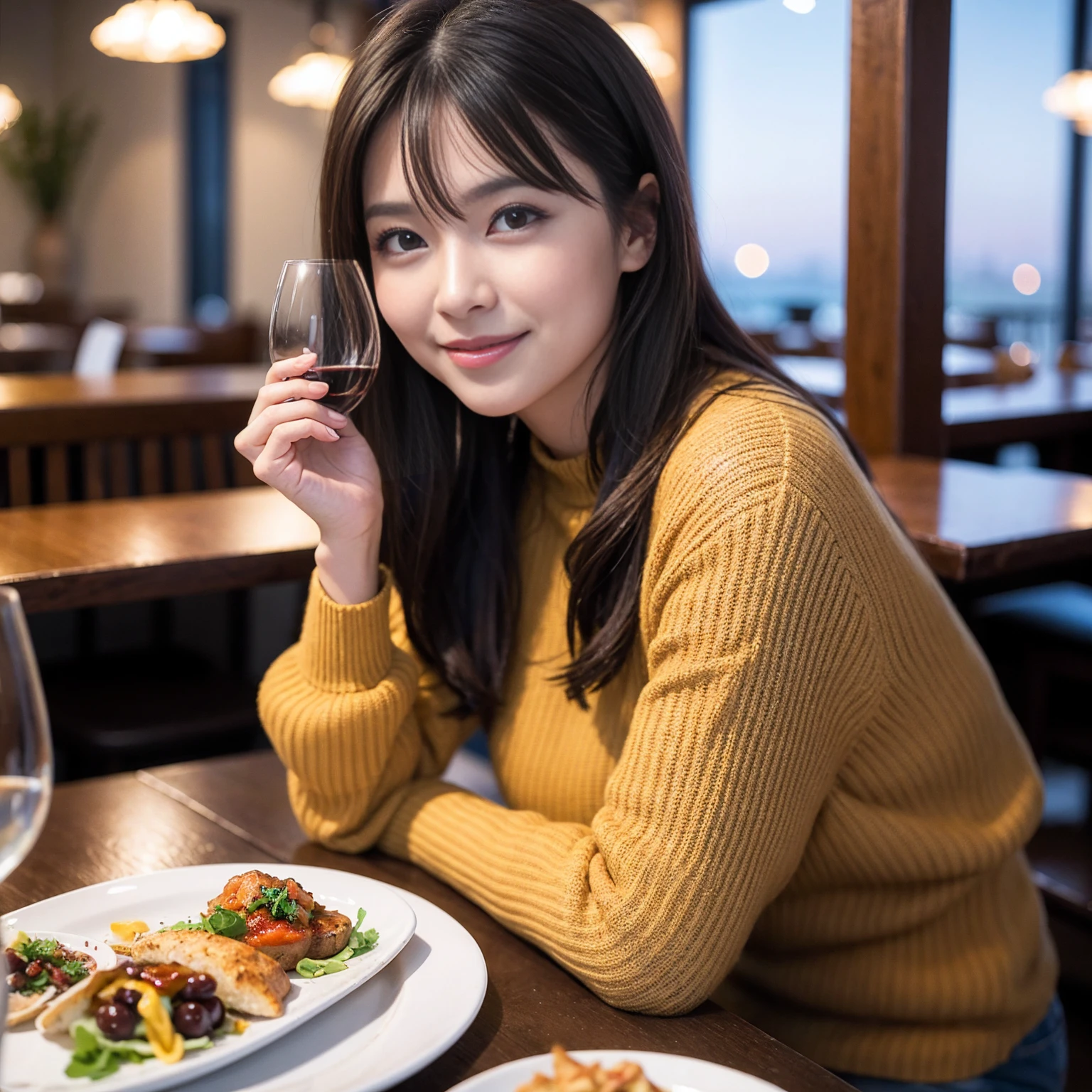 ((Highest quality、8K、masterpiece:1.3))、Yuuko Araki、slimカップル、modelカップル、(Realistic, Intricate details:1.2), full-course dinner、Wine Party、Amazing view of the sunset sky and clouds、A bright smile、The wonderfulness of smile、Bright image、The beauty of wine, Beautiful Face, blue eyes, The light shines on your face, Blushing, short hair,Bright Face、 (Age 37), 39 years old, red wine 、Appetizers、Italian food、Wine bottle、Champagne、sparkling wine、Two beauties、Brown Hair、Shortcuts、Long sleeve shirt、dress、Beautiful woman 1, (slimな顔), (The body is slim), (Brown Hair), (Shortcuts), cheeks turn a little red,Attractive beauty、restaurant, In a prominent place (From the waist up) Nova Frog Style, actress, model, Upper Body, White wine, slim, wine glass, 中央に置かれたwine glass, smile, (smile: 1.15), Beautiful fine grain, Depth f/2,saturation, High Contrast, Strong light and shadow,Moist Body:1.5、3D texture、Delicate eyes、Brown Hair、The hair is very shiny、