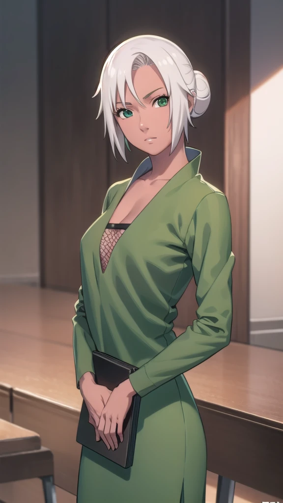 mabui, mabui, short hair, (green eyes:1.5), white hair, dark skin, hair bun, dark-skinned female,
BREAK long sleeves, cleavage, fishnets, skirt, long skirt, dress, green dress, green skirt,
BREAK cowboy shot, looking at viewer, 
BREAK indoors,
BREAK (masterpiece:1.2), best quality, high resolution, unity 8k wallpaper, (illustration:0.8), (beautiful detailed eyes:1.6), extremely detailed face, perfect lighting, extremely detailed CG, (perfect hands, perfect anatomy),