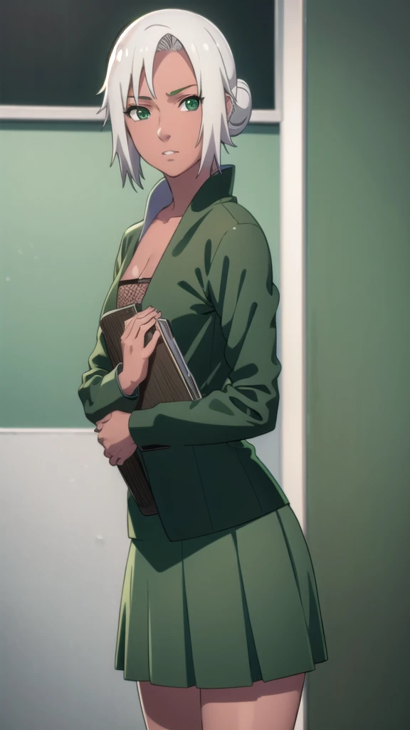 mabui, mabui, short hair, (green eyes:1.5), white hair, dark skin, hair bun, dark-skinned female,
BREAK long sleeves, cleavage, fishnets, skirt, long skirt, dress, green dress, green skirt,
BREAK cowboy shot, looking at viewer, 
BREAK indoors,
BREAK (masterpiece:1.2), best quality, high resolution, unity 8k wallpaper, (illustration:0.8), (beautiful detailed eyes:1.6), extremely detailed face, perfect lighting, extremely detailed CG, (perfect hands, perfect anatomy),