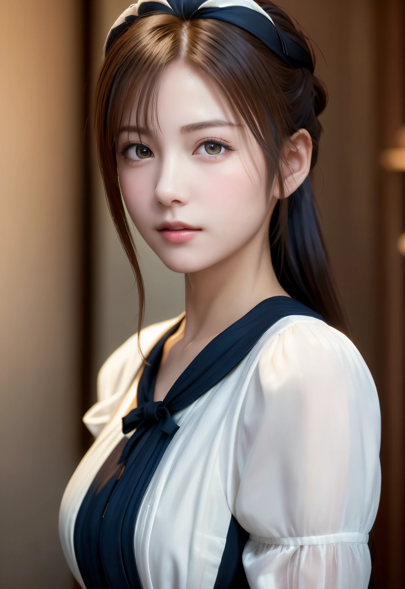8K, of the highest quality, masutepiece:1.2), (Realistic, Photorealsitic:1.37), of the highest quality, masutepiece, Beautiful young woman, Pensive expression,、A charming、and an inviting look, Cute Maid Clothes, Hair tied back, Cinematic background, Light skin tone