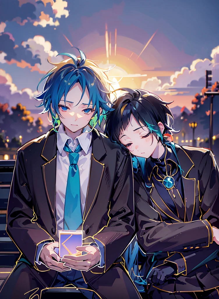 Two boys，Shoulder to Shoulder，Close your eyes，sleep，The person on the left has blond hair，The person on the right has dark blue hair，Blue-green school uniform，White shirt，Red tie，Black pants，Sitting on a bench，background是Sunset，Sunset，sunset，美丽的Sunset，Sunset光影，Backlight，Correct warm lighting，8K，Correct human body，Detailed eye painting，illustration，Highest quality，Exquisite，Detailed face，Masterpiece，flat chest，Slim，young，，High-end，Hand Painted，Official Fanart, Visual novel, Anime style，Girly Romance, Produced by Anime Painter Studio，Crafted glow, lens flare, background,rich and colorful, Super Detail, High Dynamic Range, Ultra detailed eyes, Made of paint, Completely painted, clatter，溅es of colour absolutely eye-catching, Dynamic Angle, Beautiful and delicate light, Ambient Light遮蔽, Ambient Light, Ray traced reflections，masterpiece, best quality, Sharp focus, Intricate details, Perfect, Golden Ratio Composition, 8K resolution, High resolution, fair, fair sky, Vibrant pastel colors, Vibrant colors