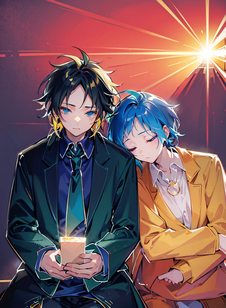 Two boys,Shoulder to Shoulder,Close your eyes,sleep,The person on the left has blond hair,The person on the right has dark blue hair,Blue-green school uniform,White shirt,Red tie,Black pants,Sitting on a bench,background是Sunset,Sunset,sunset,美丽的Sunset,Sunset光影,Backlight,Correct warm lighting,8K,Correct human body,Detailed eye painting,illustration,Highest quality,Exquisite,Detailed face,Masterpiece,flat chest,Slim,young,16 years old,High-end,Hand Painted,Official Fanart, Visual novel, Anime style,Girly Romance, Produced by Anime Painter Studio,Crafted glow, lens flare, background,rich and colorful, Super Detail, High Dynamic Range, Ultra detailed eyes, Made of paint, Completely painted, clatter,溅es of colour absolutely eye-catching, Dynamic Angle, Beautiful and delicate light, Ambient Light遮蔽, Ambient Light, Ray traced reflections,masterpiece, best quality, Sharp focus, Intricate details, Perfect, Golden Ratio Composition, 8K resolution, High resolution, fair, fair sky, Vibrant pastel colors, Vibrant colors