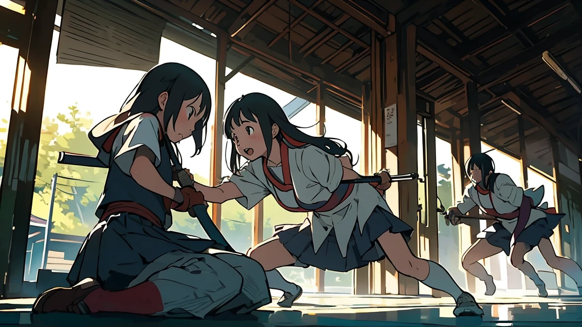 日本の剣道の防具を装備している女の子が竹刀をStanceている,It's a Japanese martial art like fencing using bamboo swords,bogu,kendogu,kendo training armor,high school girl,1people,Stance,Front-facing angle,Bust-up composition,Chudan-no-kamae,