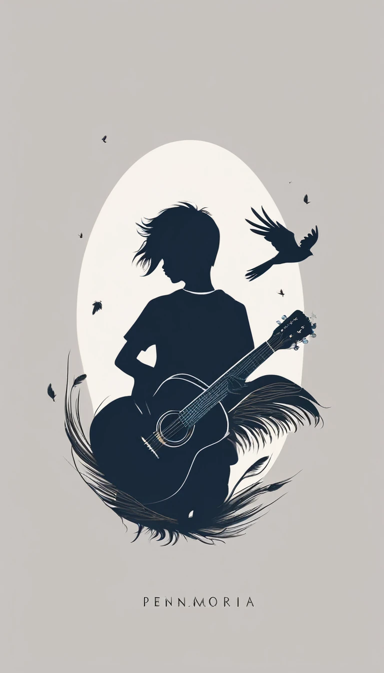 A minimal, modern, simple, cinematic logo design for the brand “Penamemoria". The logo design of a boy with a head of a feather playing acoustic guitar. The logo must convey a sense of music, stories and dreams. Minimalistic logo design of a boy dissolving into a feather of dreams and memories