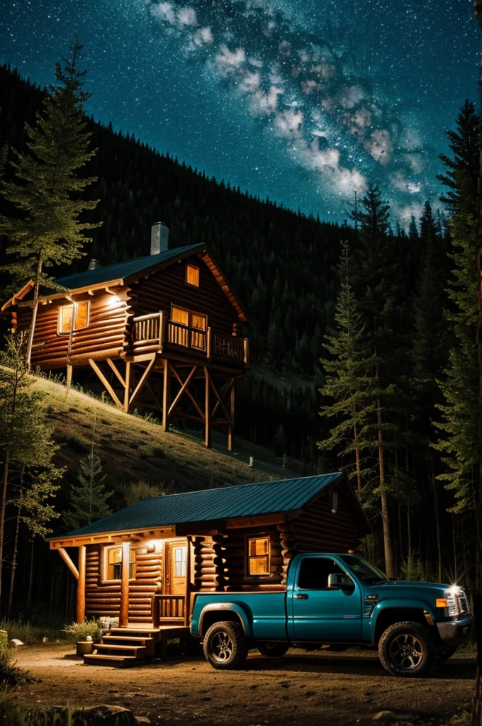 Night cabin with truck in the background 