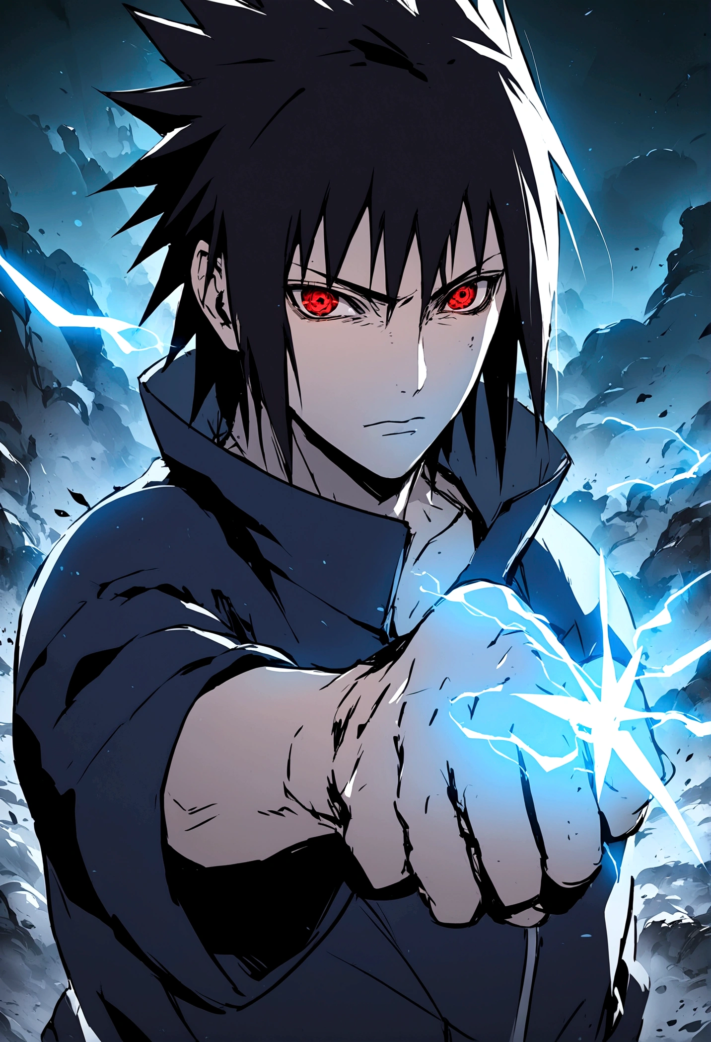 sasuke uchiha, blue lightning bolt in one hand, chidory, upper body, sharingan in eyes, ready to fight, hight quality, red eyes