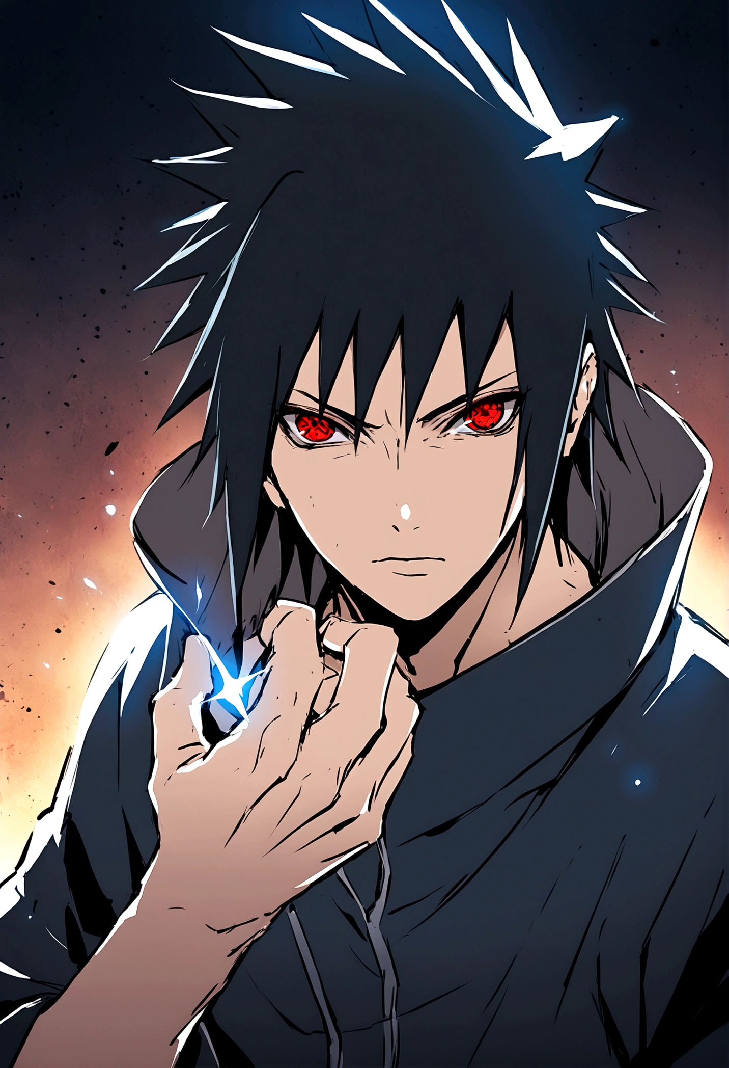 sasuke uchiha, blue lightning bolt in one hand, chidory, upper body, sharingan in eyes, ready to fight, hight quality, red eyes