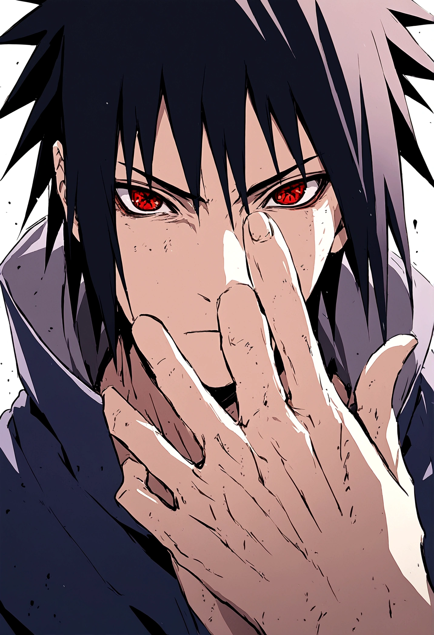 sasuke uchiha, blue lightning bolt in one hand, chidory, upper body, sharingan in eyes, ready to fight, hight quality, red eyes