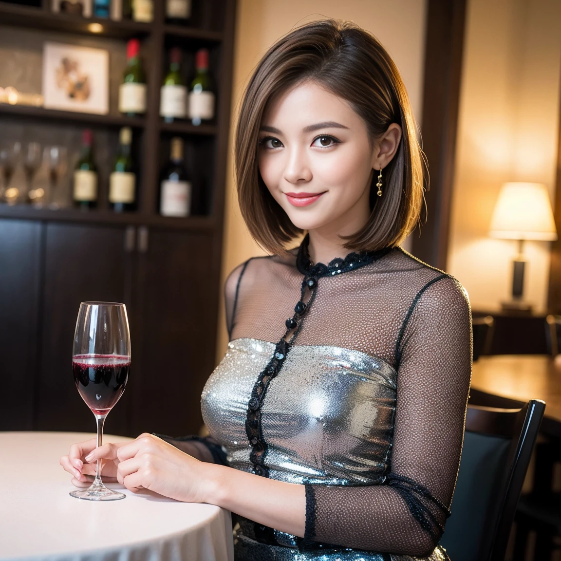 ((Highest quality、8K、masterpiece:1.3))、slimカップル、modelカップル、(Realistic, Intricate details:1.2), full-course dinner、Wine Party、Amazing view of the sunset sky and clouds、A bright smile、The wonderfulness of smile、Bright image、The beauty of wine, Beautiful Face, blue eyes, The light shines on your face, Blushing, short hair,Bright Face、 (Age 37), 39 years old, red wine 、Appetizers、Italian food、Wine bottle、Champagne、sparkling wine、Two beauties、Brown Hair、Shortcuts、Long sleeve shirt、dress、Beautiful woman 1, (slimな顔), (The body is slim), (Brown Hair), (Shortcuts), cheeks turn a little red,Attractive beauty、restaurant, In a prominent place (From the waist up) Nova Frog Style, actress, model, Upper Body, White wine, slim, wine glass, 中央に置かれたwine glass, smile, (smile: 1.15), Beautiful fine grain, Depth f/2,saturation, High Contrast, Strong light and shadow,Moist Body:1.5、3D texture、Delicate eyes、Brown Hair、The hair is very shiny、