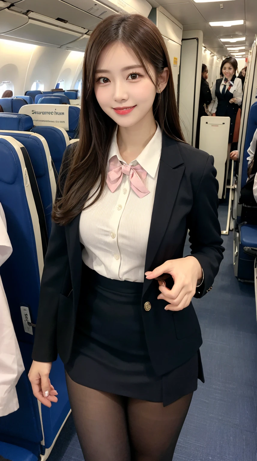 highest quality、table top、8k、best image quality、Award-winning work), two beautiful women、(2 women:1.4), radiant beautiful skin , masterpiece、top-quality、The ultra -The high-definition、depth of fields、lens flare 1 girl、、brown hair, watching at viewers glares, large breasts , stewardess uniform, ( stewardess blazer:1.3), shirt, short skirt, (black high heels), perfect legs, model pose, view from below, smiling , flight cabin, pantyhose