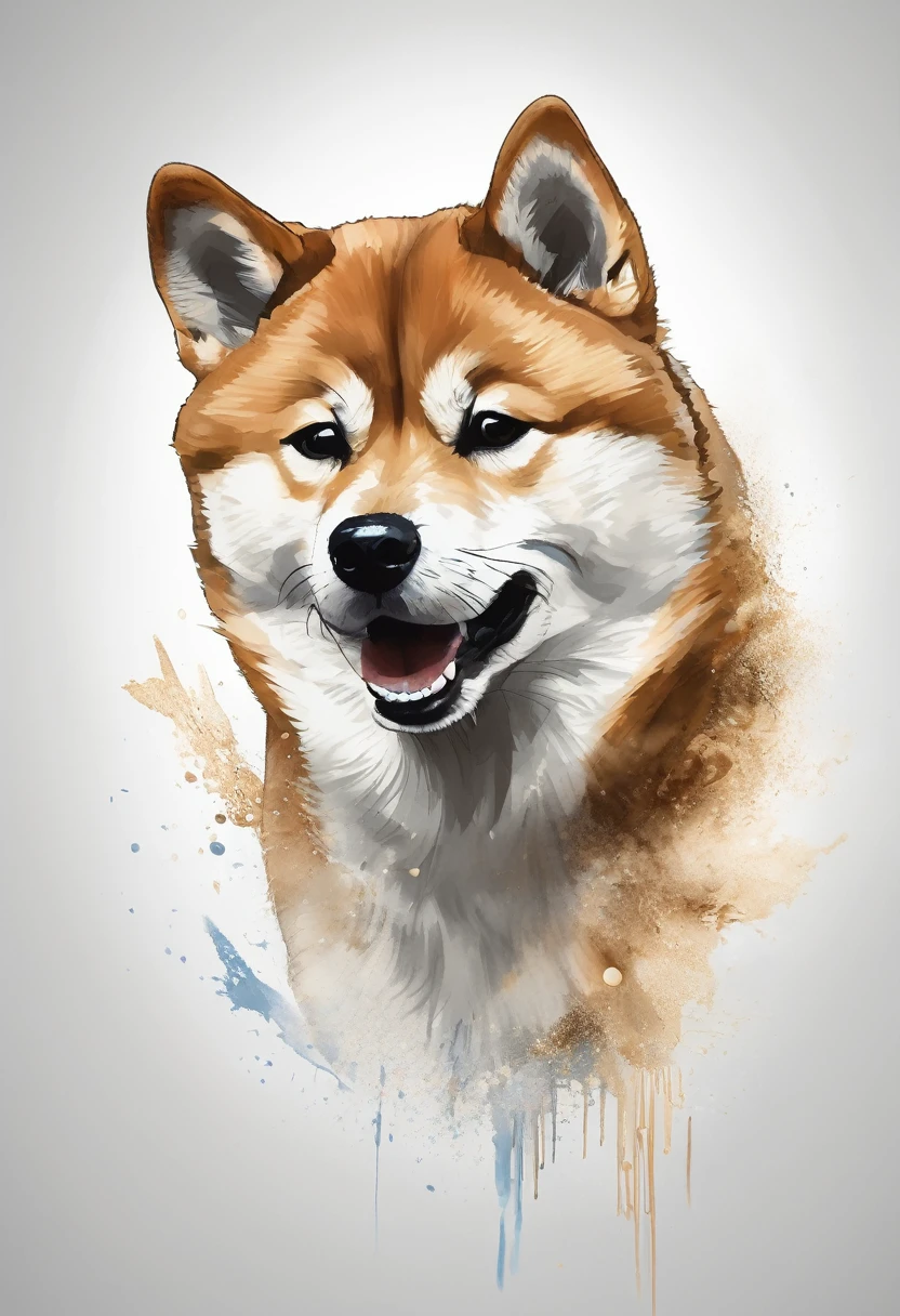 "Dynamic ink brushstroke style, black and white only: illustration by a professional illustrator, featuring a cute wolf pup or Shiba Inu, action shot, high detail, white background, sharp focus, full body, masterpiece, highly detailed, high quality, artistic sumi ink painting, Japanese style, icon, single animal. A crying Shiba Inu with very realistic fur depiction, surreal expression, artistic circular motif for an icon design. Features detailed whiskers, blue eyes, cheek whiskers, Japanese dog, Japanese-style design."