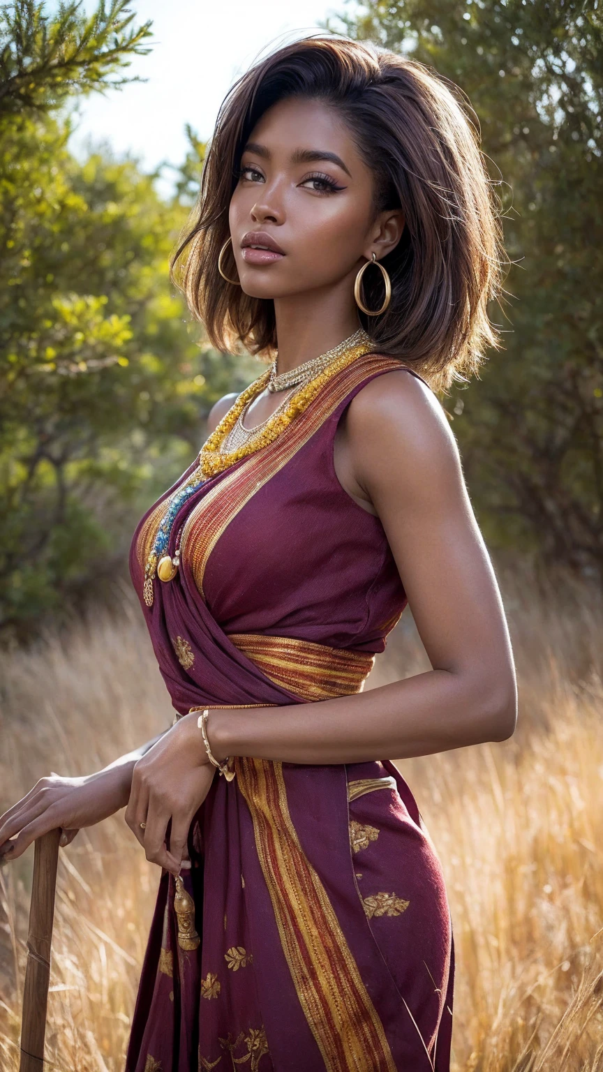 "Create an image of a beautiful model woman with a perfect face, ultra realistic, in 16k resolution, resembling a Vogue model with a detailed face and eyes. She is a Kenyan model with short, natural coiled hair. Her makeup is bold, with metallic eyeshadow and deep burgundy lipstick. She is posing regally, standing with one hand resting on a wooden staff and a serene expression. She is wearing a vibrant, traditional Maasai beaded necklace and a colorful, patterned wrap dress. The background is a stunning savannah landscape at dawn, with acacia trees and a soft, golden light."