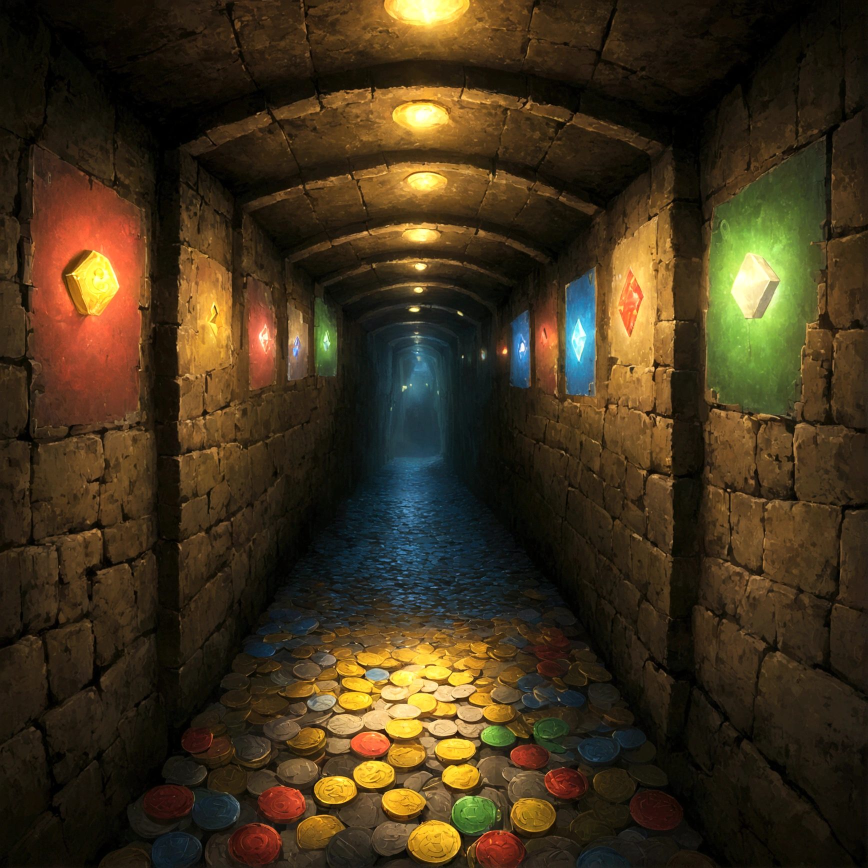 カラフルなblockでできた壁と床が続く、ポップでfun雰囲気のUnderground Passage。From the ceiling、たくさんのcoinが光り輝きながらぶら下がり、It's lighting the way。On the floor、Arrow-shaped panels were installed.、It's as if it's guiding the player to the next area.。In the back、Huge?blockが置かれ、What on earth will pop out?、The excitement grows。Beautiful game world, Fantasy, Mario, Underground Passage, block, coin, Arrow Panel, ?block, fun, bright, POP