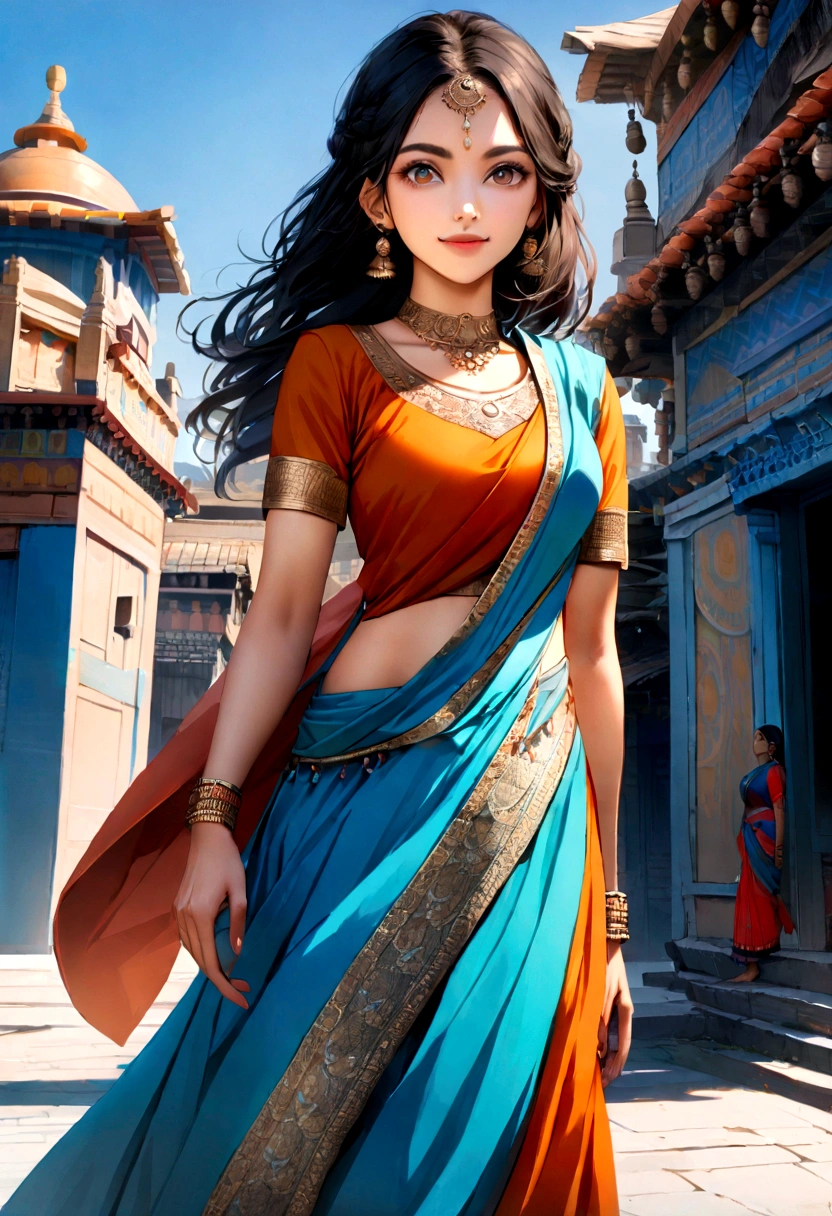 Hindu woman in typical Indian dress, Blue gate in background, Half Shot, sunny day, High quality photos,(Medium Shot)