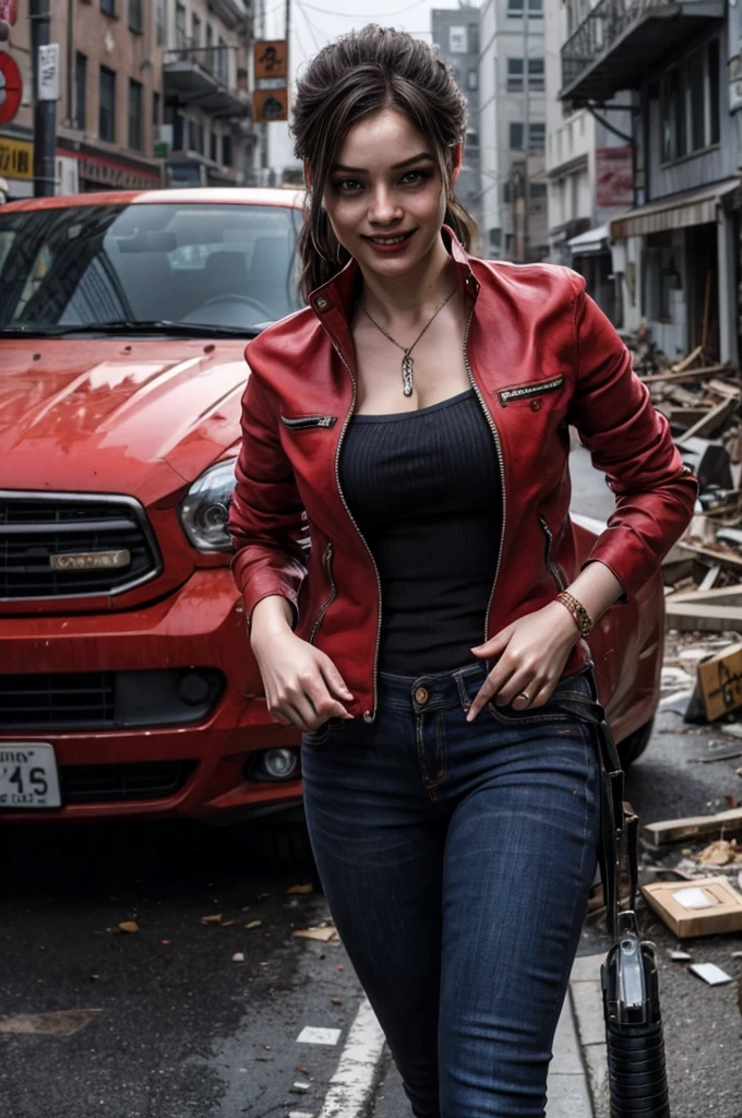 1girl, (realistic),(hyperrealism),(best quality),(masterpiece),(ultra high res),(photorealistic),idol,eye makeup,detailed eyes,detailed face,black dress, claireredfield2, brown hair, (red jacket:1.2), ponytail, (denim pants:1.3),, red wristband,, abandoned street, burning cars in background, littered street, smoke, chaos, zombie apocalypse, daytime, sunny,, hands in pocket, looking at viewer, smiling, closeup shot