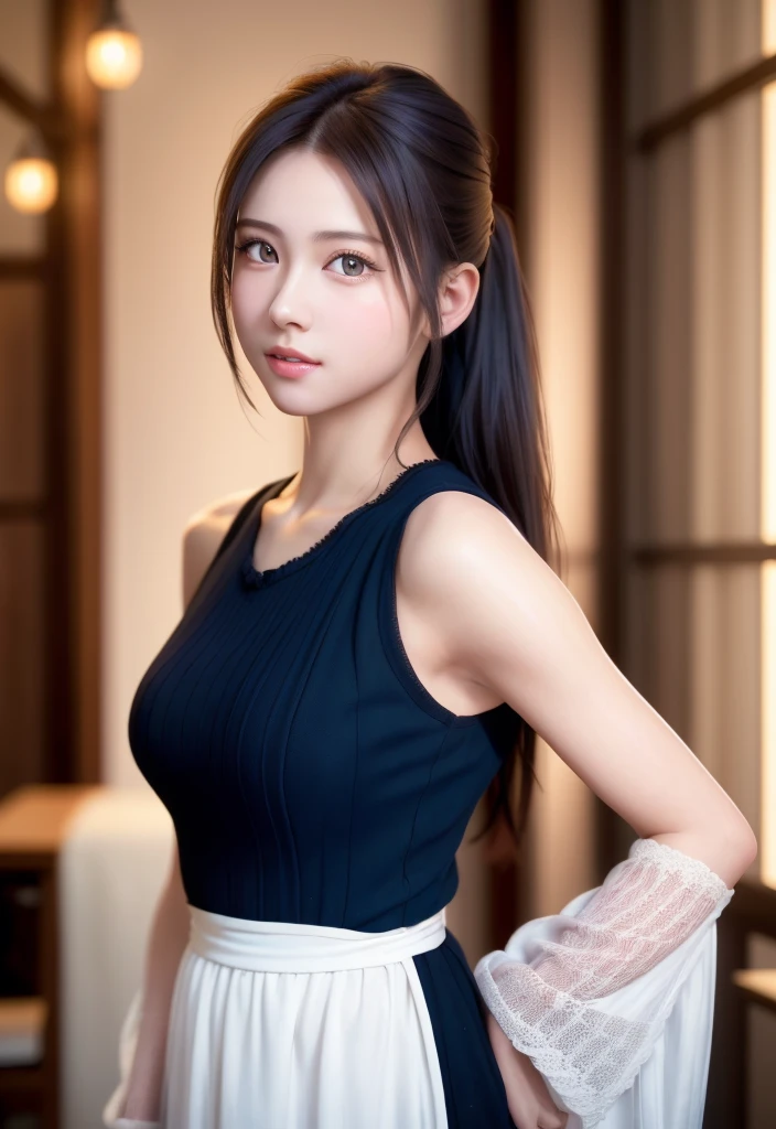 8K, of the highest quality, masutepiece:1.2), (Realistic, Photorealsitic:1.37), of the highest quality, masutepiece, Beautiful young woman、A charming、and an inviting look, Cute Maid Clothes, Hair tied back, Cinematic background, Light skin tone