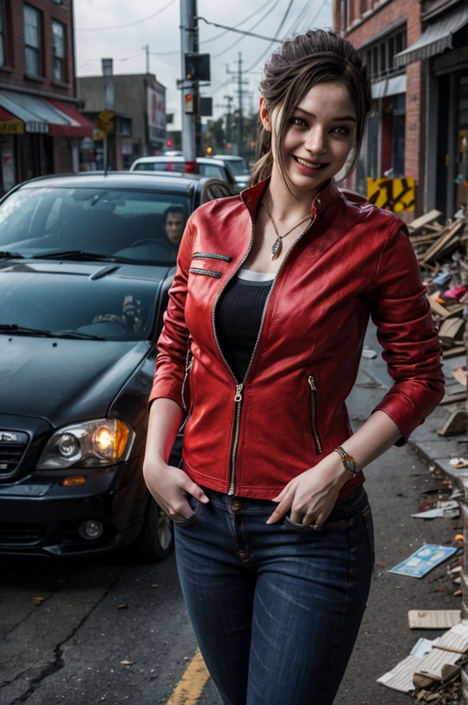 1girl, (realistic),(hyperrealism),(best quality),(masterpiece),(ultra high res),(photorealistic),idol,eye makeup,detailed eyes,detailed face,black dress, claireredfield2, brown hair, (red jacket:1.2), ponytail, (denim pants:1.3),, red wristband,, abandoned street, burning cars in background, littered street, smoke, chaos, zombie apocalypse, daytime, sunny,, hands in pocket, looking at viewer, smiling, closeup shot