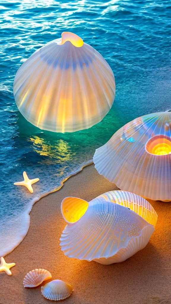 Seaside, many glowing shells, ocean, fantastic