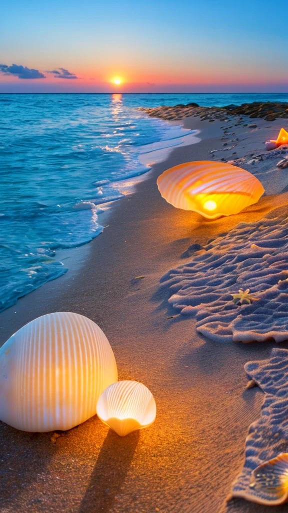 Seaside, many glowing shells, ocean, fantastic