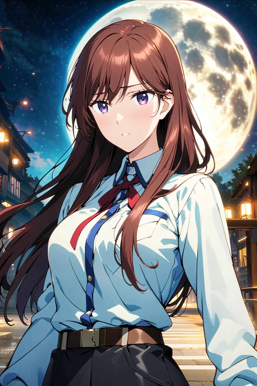 (超detailedなイラスト:1.2),超detailedなイラスト:1.2),Very delicate and beautiful,非常にdetailed,CG,Unity,8k wallpaper,wonderful,detailed,masterpiece,The best quality in the best condition,Official Art,非常にdetailed CG 8k Unbelievably ridiculous resolution,Beautiful and exquisite,High resolution,非常にdetailedな目と顔,Standing in front of the beautiful moon、Anime girl with long red hair and white shirt, kurisu makise steins gate anime, kurisu makise, Female Anime Characters, Female Action Anime Girl, Misato Katsuragi, Portrait of a female anime hero, Inspired by Ryusei Kishida, makise kurisu
