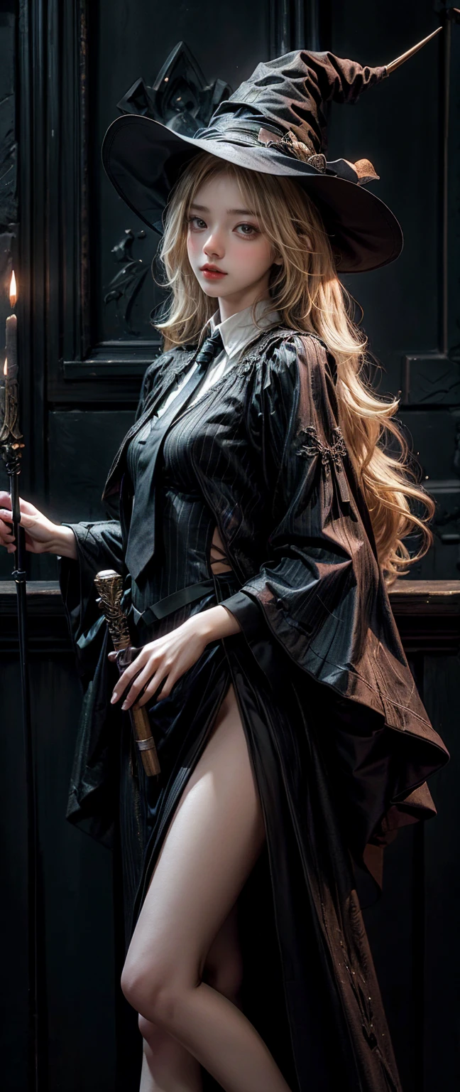 Witch Girl,Long, light blonde hair,Black-blue witch ,Wear a blue-black striped tie., Holding a magic wand to cast spells ,Highest quality, Highest picture quality, high resolution, realistic, 8K, Highly detailed,In a small dark medieval room