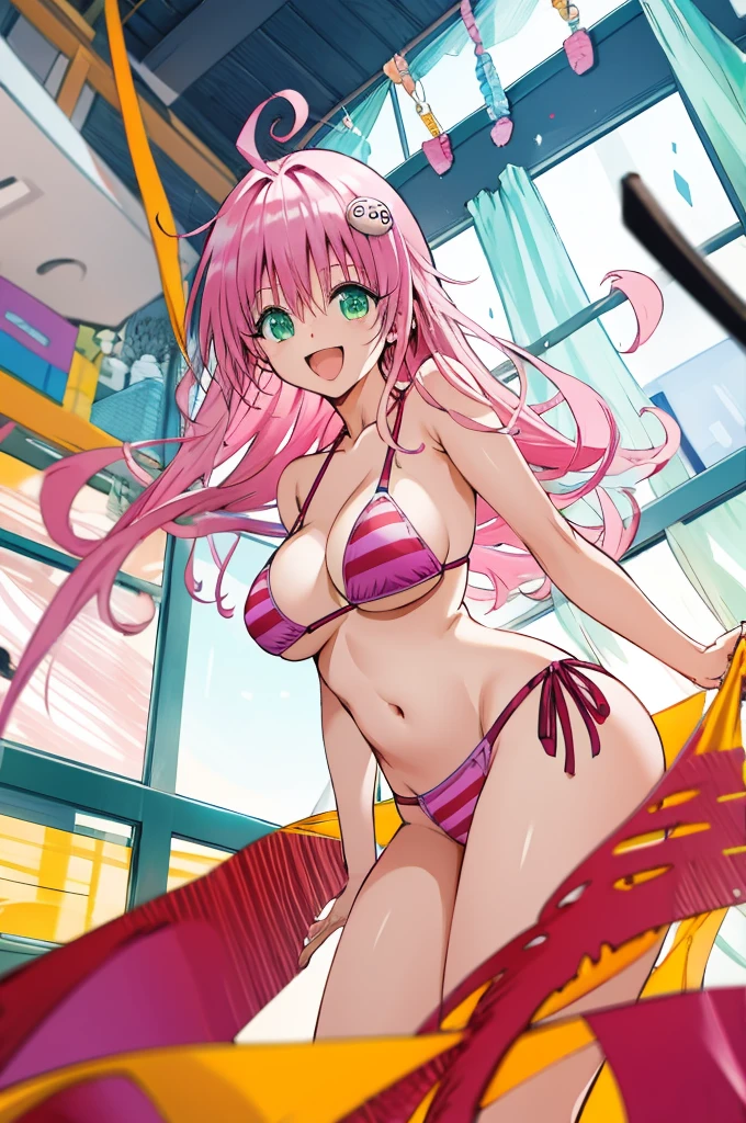 masterpiece, best quality, highres, aalala, long hair, ahoge, hair ornament, green eyes,pink, , (huge breasts), bikini,,looking viewer,indoor,,smile,,open mouth,standing